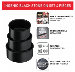 테팔 인제니오 블랙스톤 조리기구 4피스 쌓을 수 있는 공간 절약형 논스틱 코팅 온도 디스플레이 건강한 안전 Made in France Induction L3998902