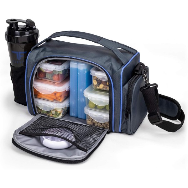 ThinkFit Insulated Meal Prep Lunch Box with 6 Food Portion Control Containers - BPA-Free, Reusable, Microwavable, Freezer Safe - With Shaker Cup, Pill Organizer(파란색)