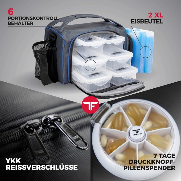 ThinkFit Insulated Meal Prep Lunch Box with 6 Food Portion Control Containers - BPA-Free, Reusable, Microwavable, Freezer Safe - With Shaker Cup, Pill Organizer(파란색)