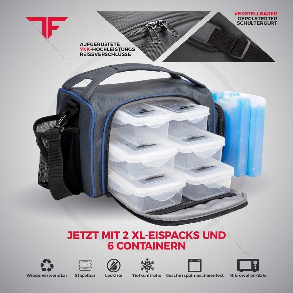 ThinkFit Insulated Meal Prep Lunch Box with 6 Food Portion Control Containers - BPA-Free, Reusable, Microwavable, Freezer Safe - With Shaker Cup, Pill Organizer(파란색)