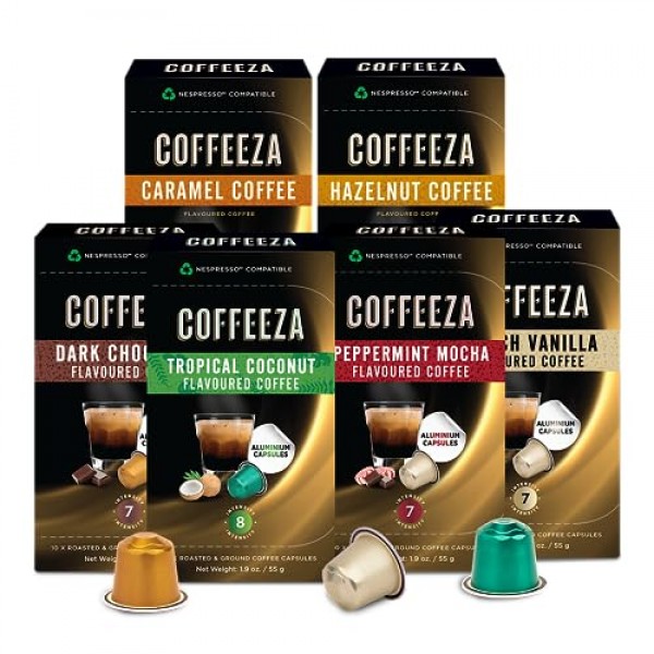 Coffeeza 100% 아라비카 네스프레소 향 커피 포드 버라이어티 팩, 네스프레소 오리지널 라인 머신과 호환 가능 | 6팩, 1인용 네스프레소 호환 커피 포드 60개