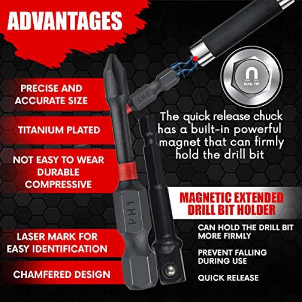 YIYITOOLS 스크루드라이버 비트 세트 45피스, 드릴 및 드라이버용 임팩트 드라이버 비트 세트, 목재 금속 시멘트 드릴링 및 스크루드라이빙용 보관 케이스에 들어 있는 