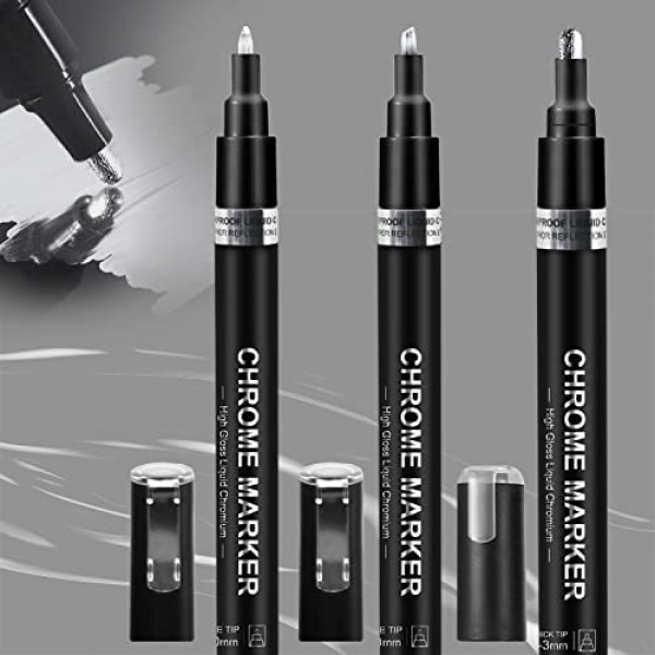 TIIKKASI 액체 크롬 마감 마커, 3pcs 실버 거울 같은 터치 업 페인트 펜 세트 DIY 수제 공예품, 크롬 반사, 방수 자외선 방지, 총알 및 끌 및 굵은 팁