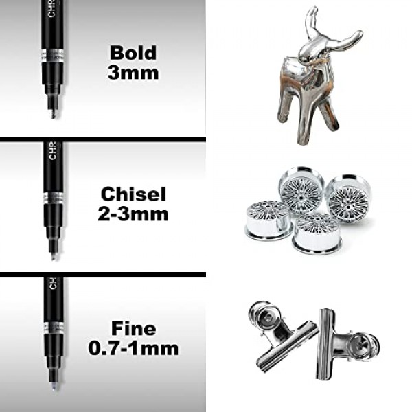 TIIKKASI 액체 크롬 마감 마커, 3pcs 실버 거울 같은 터치 업 페인트 펜 세트 DIY 수제 공예품, 크롬 반사, 방수 자외선 방지, 총알 및 끌 및 굵은 팁