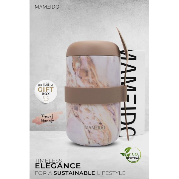 MAMEIDO 식품용 보온용기 500ml, 식품용 보온용기, 스테인리스 테이크아웃 머그 뮤즐리, 요거트, 이유식, 죽, 오버나이트 오트밀, 아이스크림&스프용 BPA free(펄 마블) 500ml 