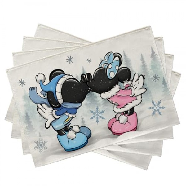 Seliem 겨울 만화 마우스 플레이스 매트 4 개 세트, 소나무 눈송이 농가 식탁 장소 매트, 크리스마스 휴일 계절 주방 장식 홈 인테리어 12x18 인치