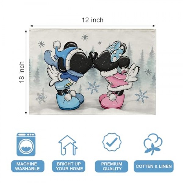 Seliem 겨울 만화 마우스 플레이스 매트 4 개 세트, 소나무 눈송이 농가 식탁 장소 매트, 크리스마스 휴일 계절 주방 장식 홈 인테리어 12x18 인치