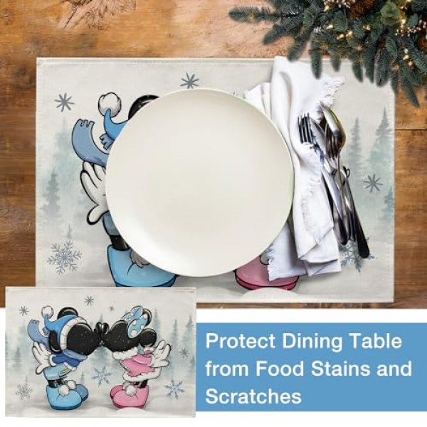 Seliem 겨울 만화 마우스 플레이스 매트 4 개 세트, 소나무 눈송이 농가 식탁 장소 매트, 크리스마스 휴일 계절 주방 장식 홈 인테리어 12x18 인치