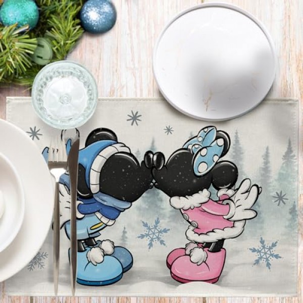 Seliem 겨울 만화 마우스 플레이스 매트 4 개 세트, 소나무 눈송이 농가 식탁 장소 매트, 크리스마스 휴일 계절 주방 장식 홈 인테리어 12x18 인치