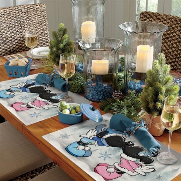 Seliem 겨울 만화 마우스 플레이스 매트 4 개 세트, 소나무 눈송이 농가 식탁 장소 매트, 크리스마스 휴일 계절 주방 장식 홈 인테리어 12x18 인치