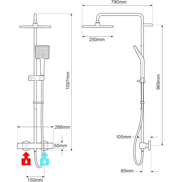 Mira Showers 1.1901.002 어니스티 듀얼 아울렛 스퀘어 바 밸브 믹서 샤워, 크롬 듀얼 샤워 싱글