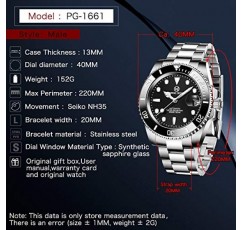 PAGRNE DESIGN 남성용 자동 잠수함 시계, 기계식 시계, 방수(100M) 스테인레스 스틸 팔찌가 있는 아날로그 시계, NH35A 무브먼트