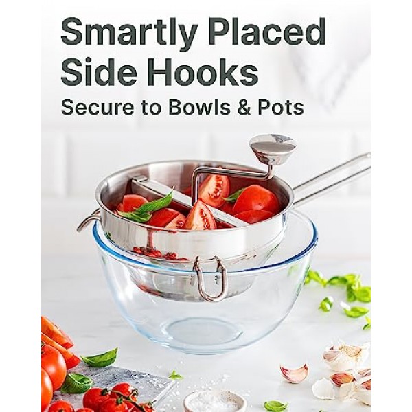 3개의 그라인딩 디스크, 밀링 핸들 및 그릇이 있는 인체공학적 식품 분쇄기 스테인레스 스틸 - 토마토 소스, 사과 소스, 퓨레, 으깬 감자, 잼, 이유식용 회전식 식품 분