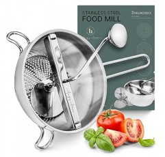 3개의 그라인딩 디스크, 밀링 핸들 및 그릇이 있는 인체공학적 식품 분쇄기 스테인레스 스틸 - 토마토 소스, 사과 소스, 퓨레, 으깬 감자, 잼, 이유식용 회전식 식품 분