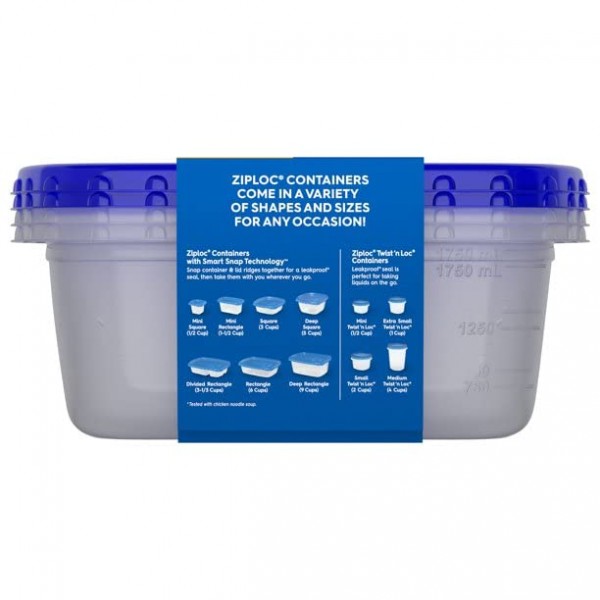 지퍼락 대형 직사각형 원프레스 식품 보관 용기, 팩당 2개 - 케이스당 6개.6