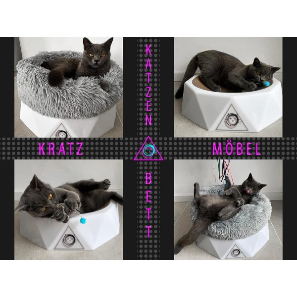 S.HE CAT FURNITURE I MODERN 2in1 다기능 CAT BED + SCRATCHING BOARD [수면, 스크래칭, 놀이용] SCRATCHING FURNITURE + 도넛 쿠션 I 컬러 WHITE WHITE / LIGHT GREY로 구성된 고양이 소파