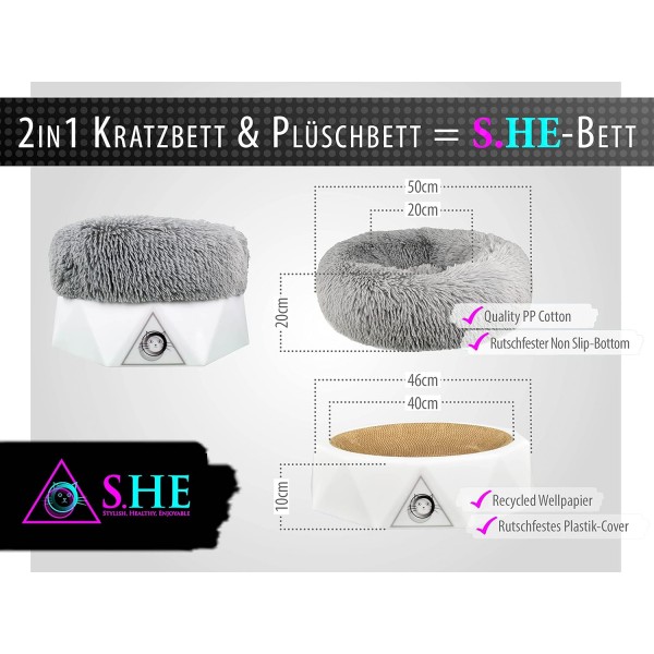 S.HE CAT FURNITURE I MODERN 2in1 다기능 CAT BED + SCRATCHING BOARD [수면, 스크래칭, 놀이용] SCRATCHING FURNITURE + 도넛 쿠션 I 컬러 WHITE WHITE / LIGHT GREY로 구성된 고양이 소파