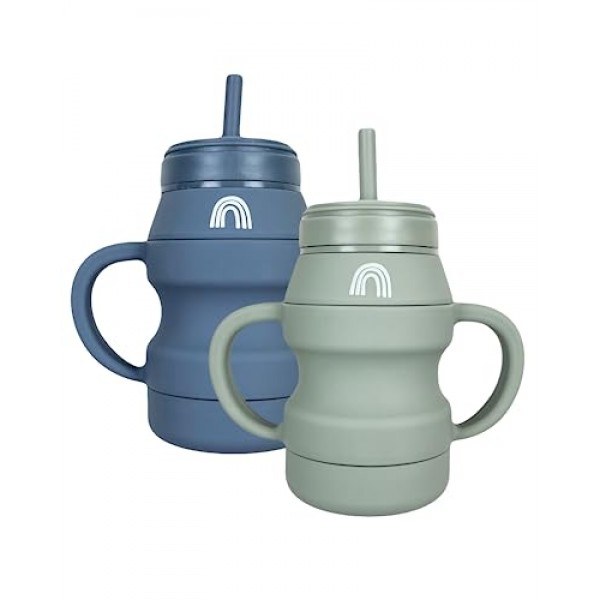 Hippypotamus 실리콘 전환 컵 - 밀짚 및 뚜껑이 있는 압착 방지 유아용 컵 - 탈착식 손잡이 - 2개 세트(세이지/안개)