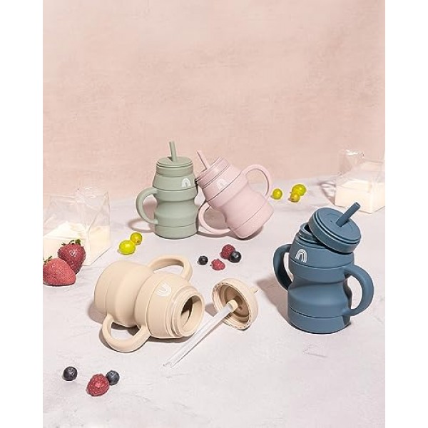 Hippypotamus 실리콘 전환 컵 - 밀짚 및 뚜껑이 있는 압착 방지 유아용 컵 - 탈착식 손잡이 - 2개 세트(세이지/안개)