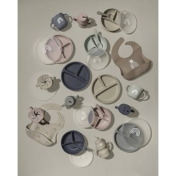 Hippypotamus 실리콘 전환 컵 - 밀짚 및 뚜껑이 있는 압착 방지 유아용 컵 - 탈착식 손잡이 - 2개 세트(세이지/안개)