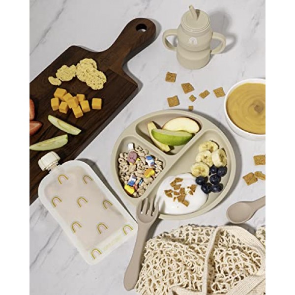 Hippypotamus 실리콘 전환 컵 - 밀짚 및 뚜껑이 있는 압착 방지 유아용 컵 - 탈착식 손잡이 - 2개 세트(세이지/안개)