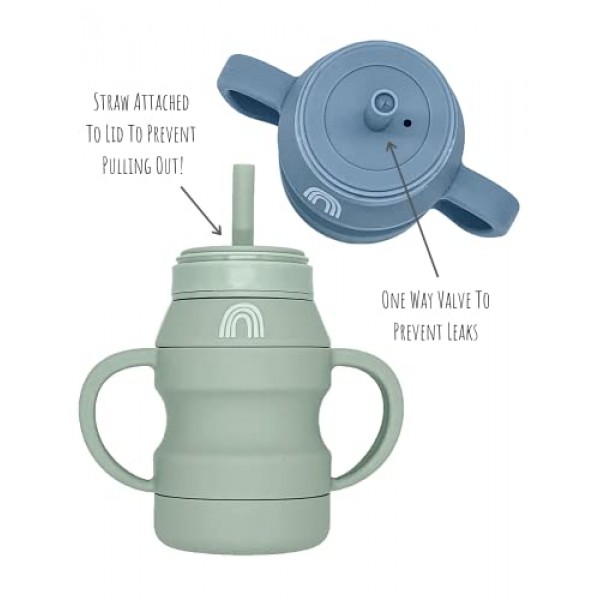 Hippypotamus 실리콘 전환 컵 - 밀짚 및 뚜껑이 있는 압착 방지 유아용 컵 - 탈착식 손잡이 - 2개 세트(세이지/안개)