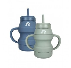Hippypotamus 실리콘 전환 컵 - 밀짚 및 뚜껑이 있는 압착 방지 유아용 컵 - 탈착식 손잡이 - 2개 세트(세이지/안개)