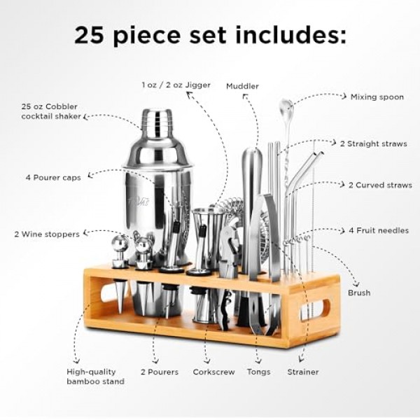 TEAVAS Mixology 바텐더 키트(일본식 지거 및 스탠드 포함) - 셰이커, 스트레이너, 믹서, 스푼, 머들러가 포함된 25피스 스테인레스 스틸 칵테일 제작 세트 - 생일 선물