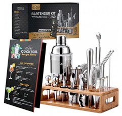 TEAVAS Mixology 바텐더 키트(일본식 지거 및 스탠드 포함) - 셰이커, 스트레이너, 믹서, 스푼, 머들러가 포함된 25피스 스테인레스 스틸 칵테일 제작 세트 - 생일 선물