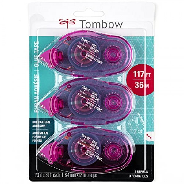 Tombow 62149 모노 접착식 도트 어플리케이터 리필, 3팩. 부드러운 도포를 위한 간편한 리필, 다양한 색상, Value Pack