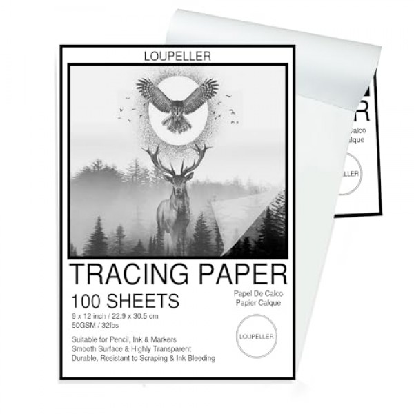LOUPELLER 드로잉용 트레이싱 페이퍼 100매 - 9 x 12 - 32lb / 50g - 주름 방지 투명 트레이싱 페이퍼 패드 - 펜, 연필 및 마커와 함께 작동 - 예술가, 건축가 및 어린이용