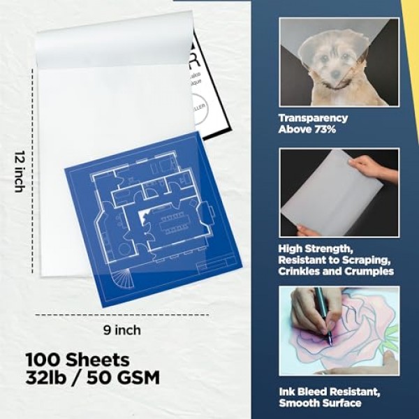LOUPELLER 드로잉용 트레이싱 페이퍼 100매 - 9 x 12 - 32lb / 50g - 주름 방지 투명 트레이싱 페이퍼 패드 - 펜, 연필 및 마커와 함께 작동 - 예술가, 건축가 및 어린이용