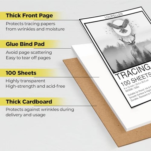 LOUPELLER 드로잉용 트레이싱 페이퍼 100매 - 9 x 12 - 32lb / 50g - 주름 방지 투명 트레이싱 페이퍼 패드 - 펜, 연필 및 마커와 함께 작동 - 예술가, 건축가 및 어린이용