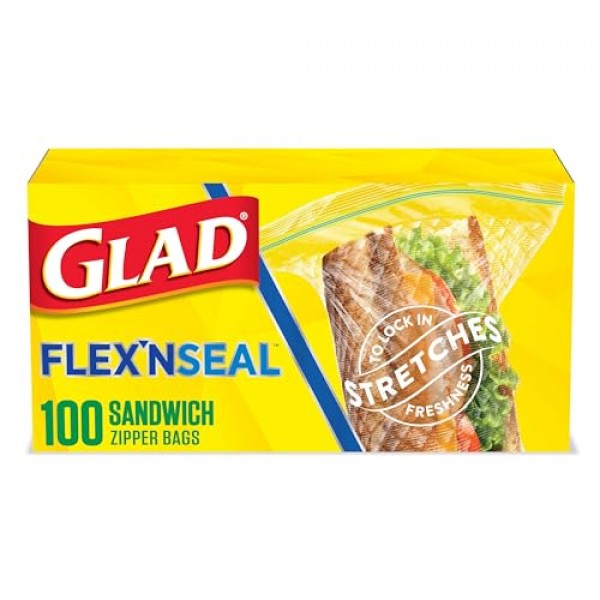 GLAD FLEXN' SEAL 지퍼 식품 보관용 샌드위치 백, 이동용 스낵 및 점심 가방, 지퍼 샌드위치 밀봉기, 전자레인지 금고, BPA 없음, 100개(4개 팩)