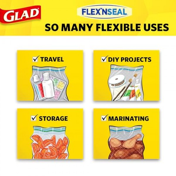 GLAD FLEXN' SEAL 지퍼 식품 보관용 샌드위치 백, 이동용 스낵 및 점심 가방, 지퍼 샌드위치 밀봉기, 전자레인지 금고, BPA 없음, 100개(4개 팩)