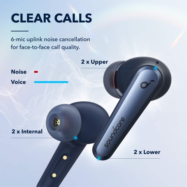 soundcore Anker Liberty Air 2 Pro Bluetooth 헤드폰, 액티브 노이즈 캔슬링, PureNote 기술, 마이크 6개, 26시간 배터리, Bluetooth 5(사파이어 블루)(리퍼 상품)