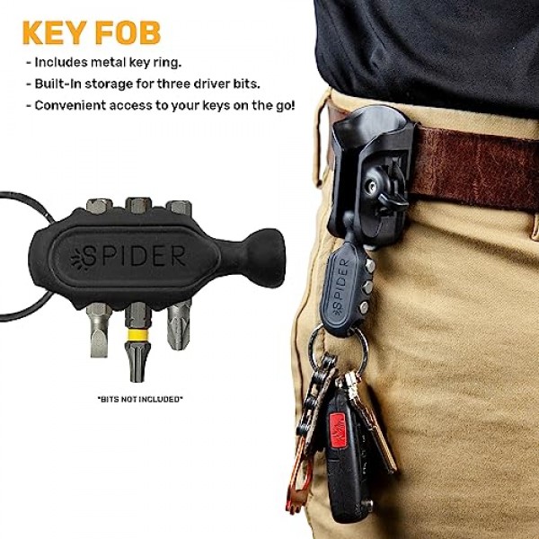 스파이더 도구 홀스터 - 야외 하이킹 번들 - (1) 자동 잠금, 퀵 드로우 벨트 홀스터 클립 + (2) 신축성 있는 물병 그리퍼 + (1) 예비 드라이버 비트용 구멍이 내장된 고무 