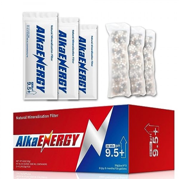 AlkaEnergy 알칼리 재광화 정수 필터 파우치|pH9.5+| 제로 TDS 물, 역삼투수/9개월/120갤런/(3팩)을 위한 여과된 식수 pH/고 pH 알칼리화기 높이기