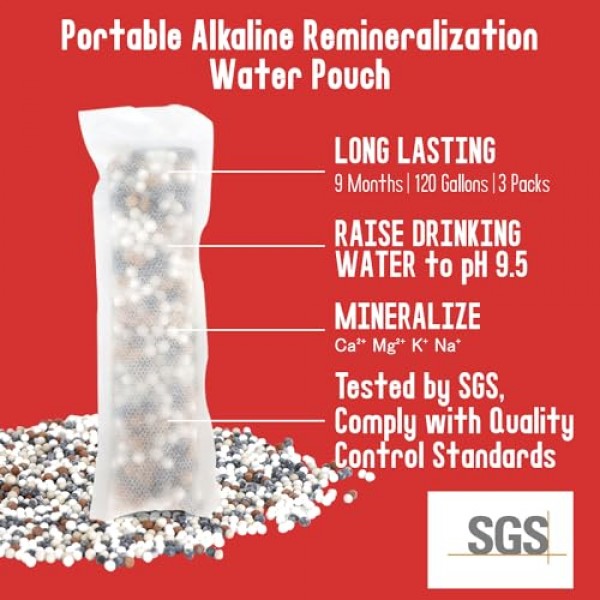 AlkaEnergy 알칼리 재광화 정수 필터 파우치|pH9.5+| 제로 TDS 물, 역삼투수/9개월/120갤런/(3팩)을 위한 여과된 식수 pH/고 pH 알칼리화기 높이기