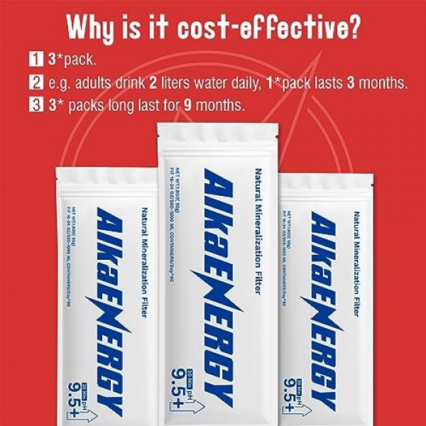 AlkaEnergy 알칼리 재광화 정수 필터 파우치|pH9.5+| 제로 TDS 물, 역삼투수/9개월/120갤런/(3팩)을 위한 여과된 식수 pH/고 pH 알칼리화기 높이기