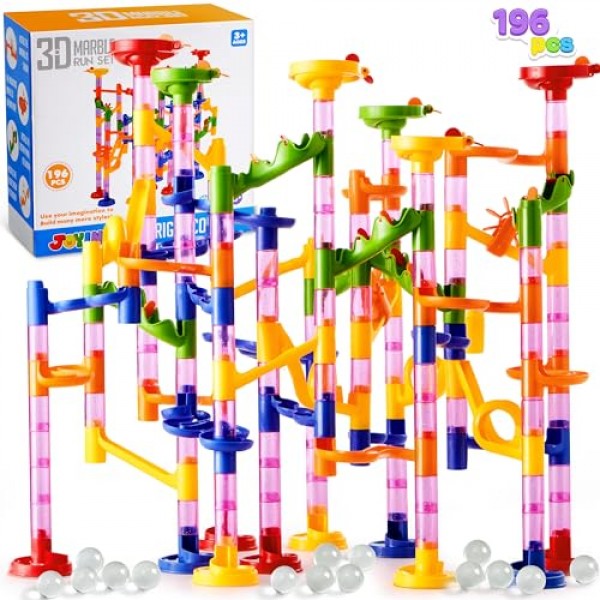 JOYIN Marble Run 프리미엄 세트(196개-건설 빌딩 블록 장난감, STEM 교육용 장난감, 빌딩 블록 장난감(반투명 플라스틱 조각 156개 + 유리 구슬 40개)