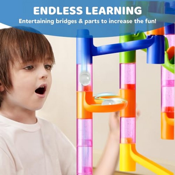 JOYIN Marble Run 프리미엄 세트(196개-건설 빌딩 블록 장난감, STEM 교육용 장난감, 빌딩 블록 장난감(반투명 플라스틱 조각 156개 + 유리 구슬 40개)