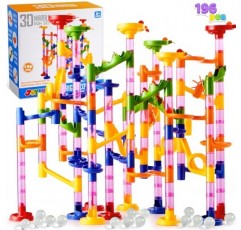 JOYIN Marble Run 프리미엄 세트(196개-건설 빌딩 블록 장난감, STEM 교육용 장난감, 빌딩 블록 장난감(반투명 플라스틱 조각 156개 + 유리 구슬 40개)
