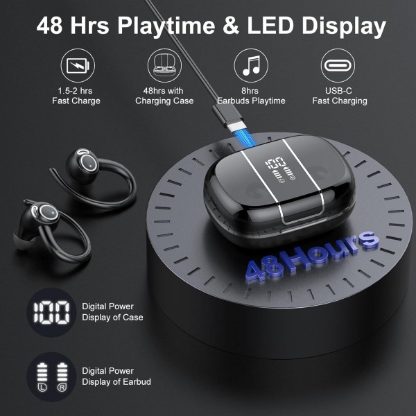 Csasan 블루투스 스포츠 헤드폰, 이어 후크가 있는 무선 블루투스 5.3 헤드폰, 마이크가 있는 48시간 3D 스테레오 CVC 8.0 HD 통화 인이어 헤드폰, 듀얼 LED 디스플레이, 터치 