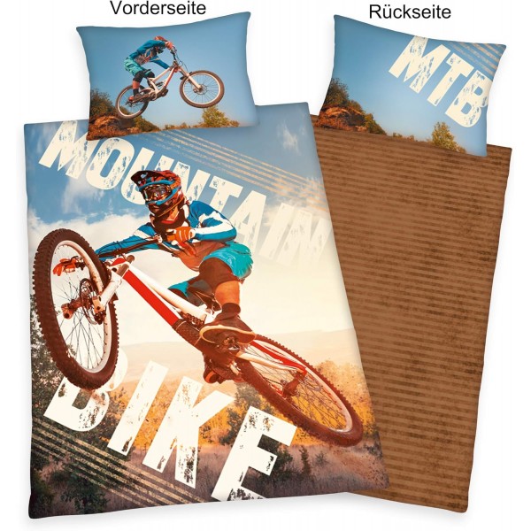 Herding Young Collection 침대 린넨 세트, 뒤집을 수 있는 산악 자전거 모티브, 이불 커버 160 x 210cm, 베갯잇 65 x 100cm, 면/Renforcec 스위스 사이즈