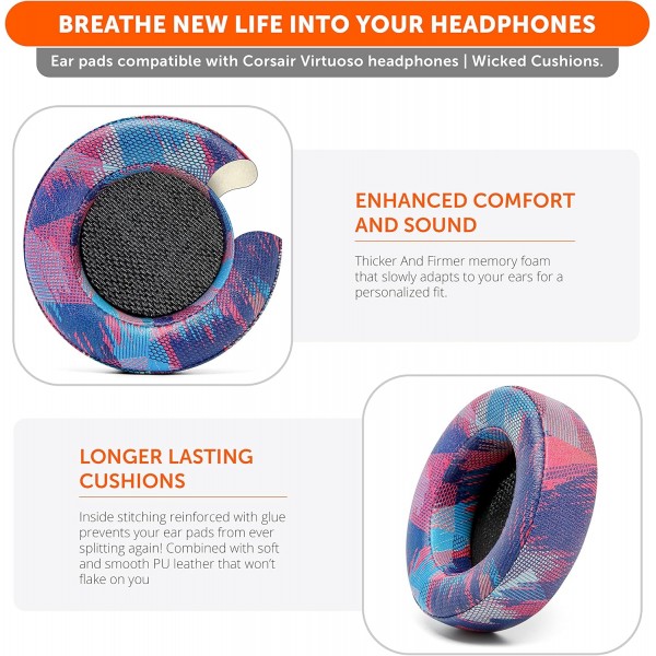 Wicked Cushions에서 제조한 Corsair Virtuoso 게임용 헤드셋용 WC 업그레이드된 교체용 이어 패드 | 향상된 내구성, 두께, 더 부드러운 가죽 및 방음 | Speed ​​Racer