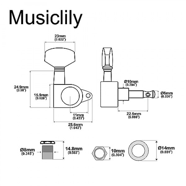 Musiclily Pro 3+3 Epi 스타일 밀봉형 머신 헤드 튜닝 페그 키 튜너 세트 레 폴 스타일 일렉트릭 기타, 빅 버튼 블랙