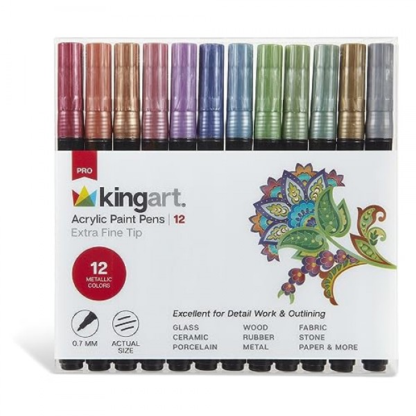 KINGART 453-12A PRO 메탈릭 12 Ct. 엑스트라 파인 페인트 펜, 0.7mm 팁, 12가지 아크릴 페인트 색상 포함 암석, 목재, 금속, 플라스틱, 유리, 세라믹에 대한 금, 은, 저취 수성 속