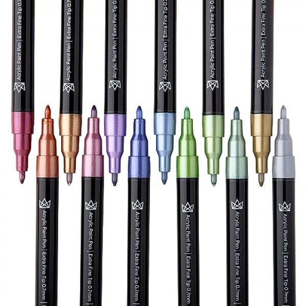 KINGART 453-12A PRO 메탈릭 12 Ct. 엑스트라 파인 페인트 펜, 0.7mm 팁, 12가지 아크릴 페인트 색상 포함 암석, 목재, 금속, 플라스틱, 유리, 세라믹에 대한 금, 은, 저취 수성 속