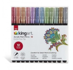 KINGART 453-12A PRO 메탈릭 12 Ct. 엑스트라 파인 페인트 펜, 0.7mm 팁, 12가지 아크릴 페인트 색상 포함 암석, 목재, 금속, 플라스틱, 유리, 세라믹에 대한 금, 은, 저취 수성 속